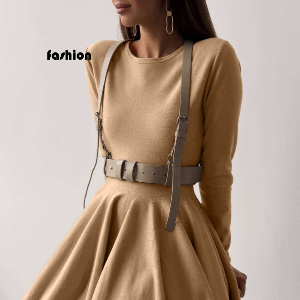 Round Neck Waist-Cinching Knitted For Women Versatile High-End Ins Style Pleated Sweater Dress B5 b7