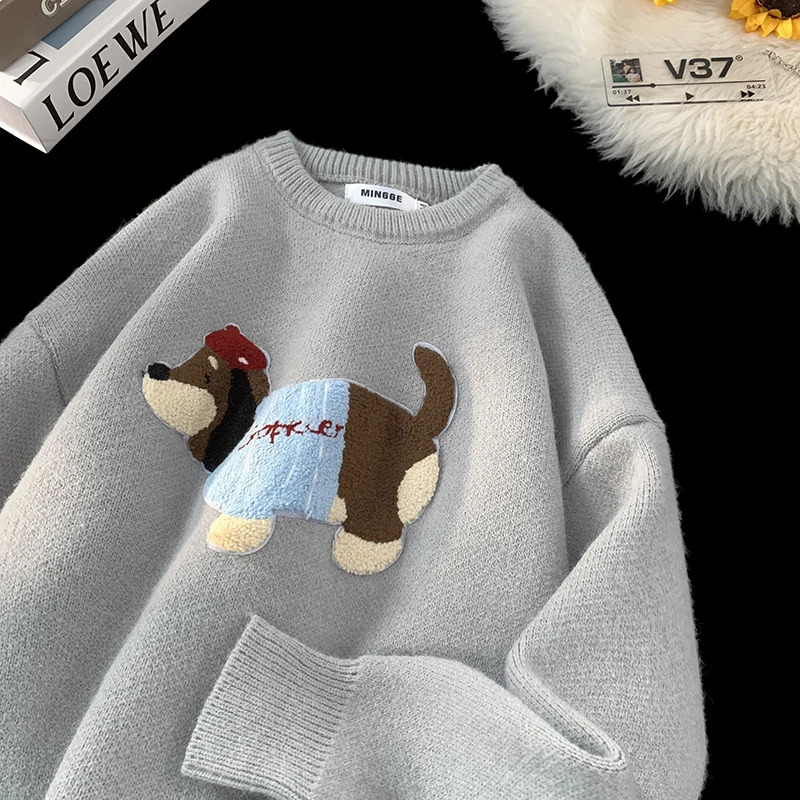Harajuku Lovely Puppy Embroidered Sweater 2025 Autumn Round Neck Korean Style Sweater Coat Couple Pullover Men Women 250708