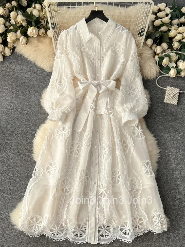 Fashion Elegan Dresses Puff Sleeve Solid Color Lace Up Hollow Out Embroidery Dress Spring Autumn Female Slim Women Clothing