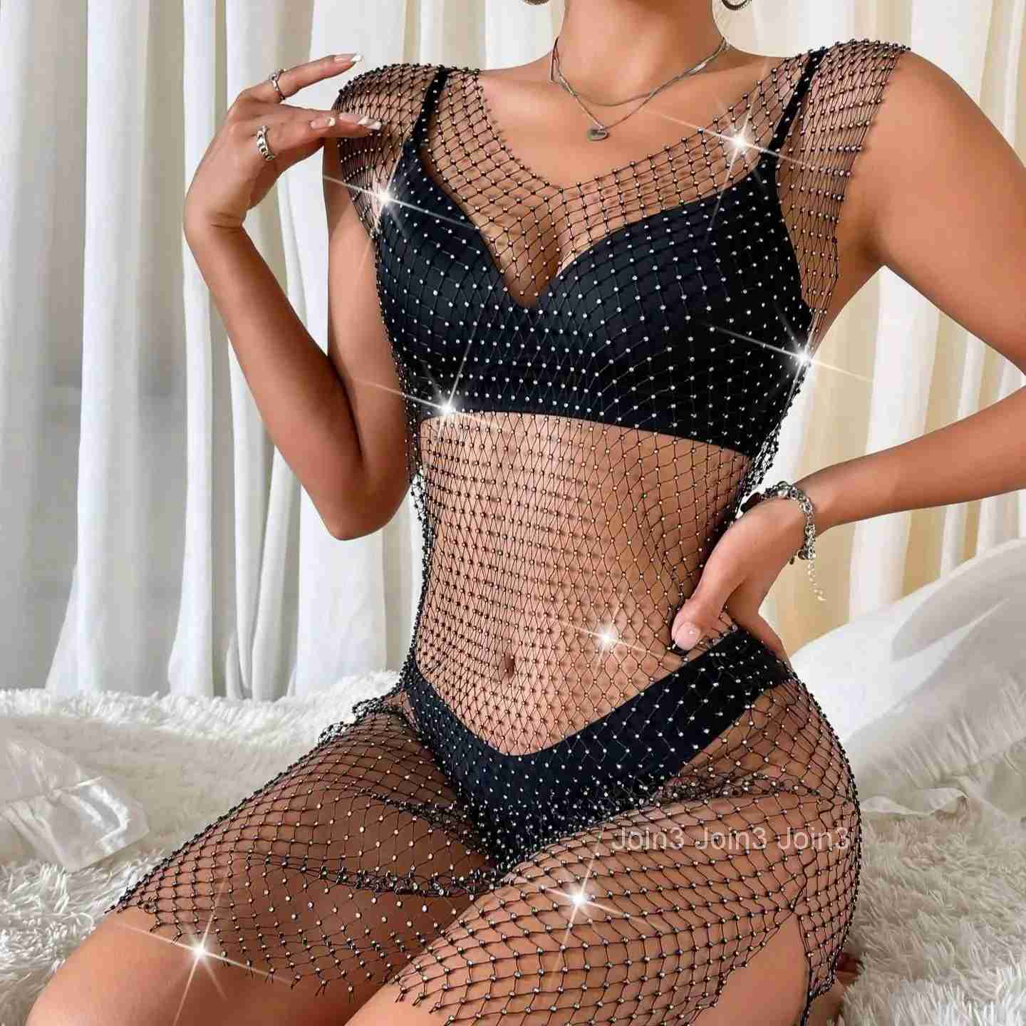 Fashion Sexy Crystal Diamond Dress Women Hollow Out Rhinestone Bodycon Forking Dress Summer Fishnet Mesh Beach Wear Party Dress