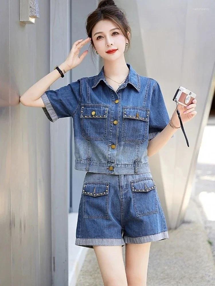 Women's Tracksuits Denim Short Sets 2 Pieces Pocket Straight Casual Clothing Trend 2025 Trends Novelties Top And Bottom Full Female Shorts