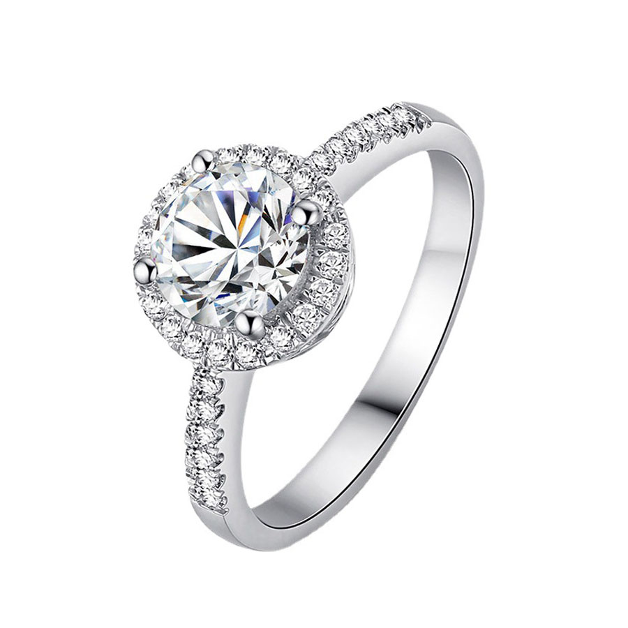Elegant 18K Real White Gold Plated Cubic Zirconia Ring for Women Round Cut Shiny Diamond Ring Wedding Engagement Luxury Crystal Ring Birde Fashion J