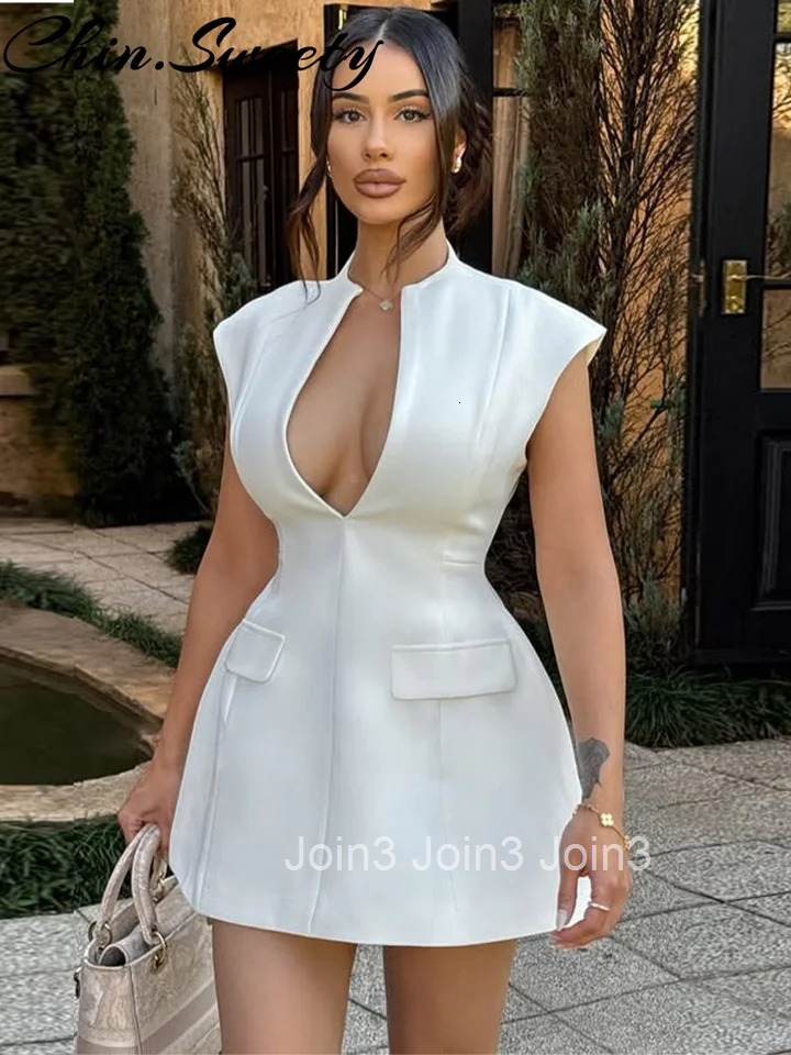Urban Deep V-neck Min Women Dress Sexy Sleeveless Pleated Empire Mock Pocket Female Dresses Spring Summer Fashion Lady Robe