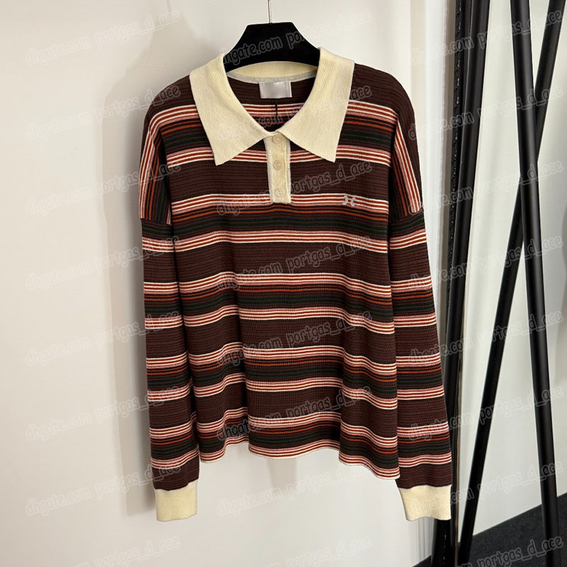 Luxury Womens Striped Sweater Designer Embroidered Lapel Long Sleeve Knit Top Contrast Color Vintage Knitted Jumpers