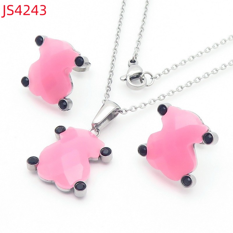Fashion Women Men Silver Rose Gold Stainless Steel Bear Cartoon Animal Green Black Pink Glass Pendant Necklace Earrings Sets Jewelry Gift-image-1069715687