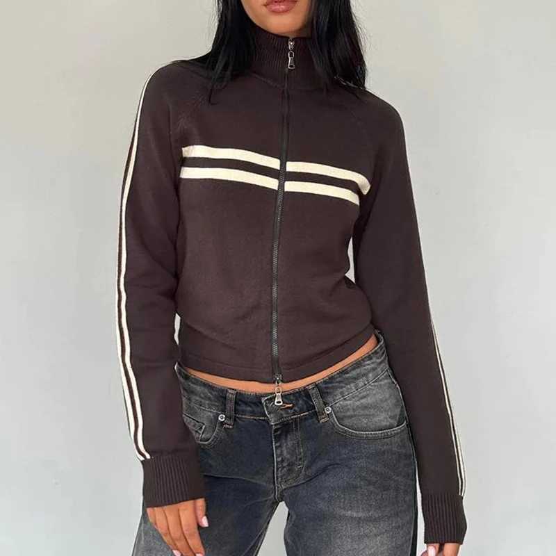 Women Workout Knitted Biker Jacket Vintage Striped Print Casual Long Sleeve Zip Up Sweater for Outerwear Cardigan Y2K Streetwear Z250804