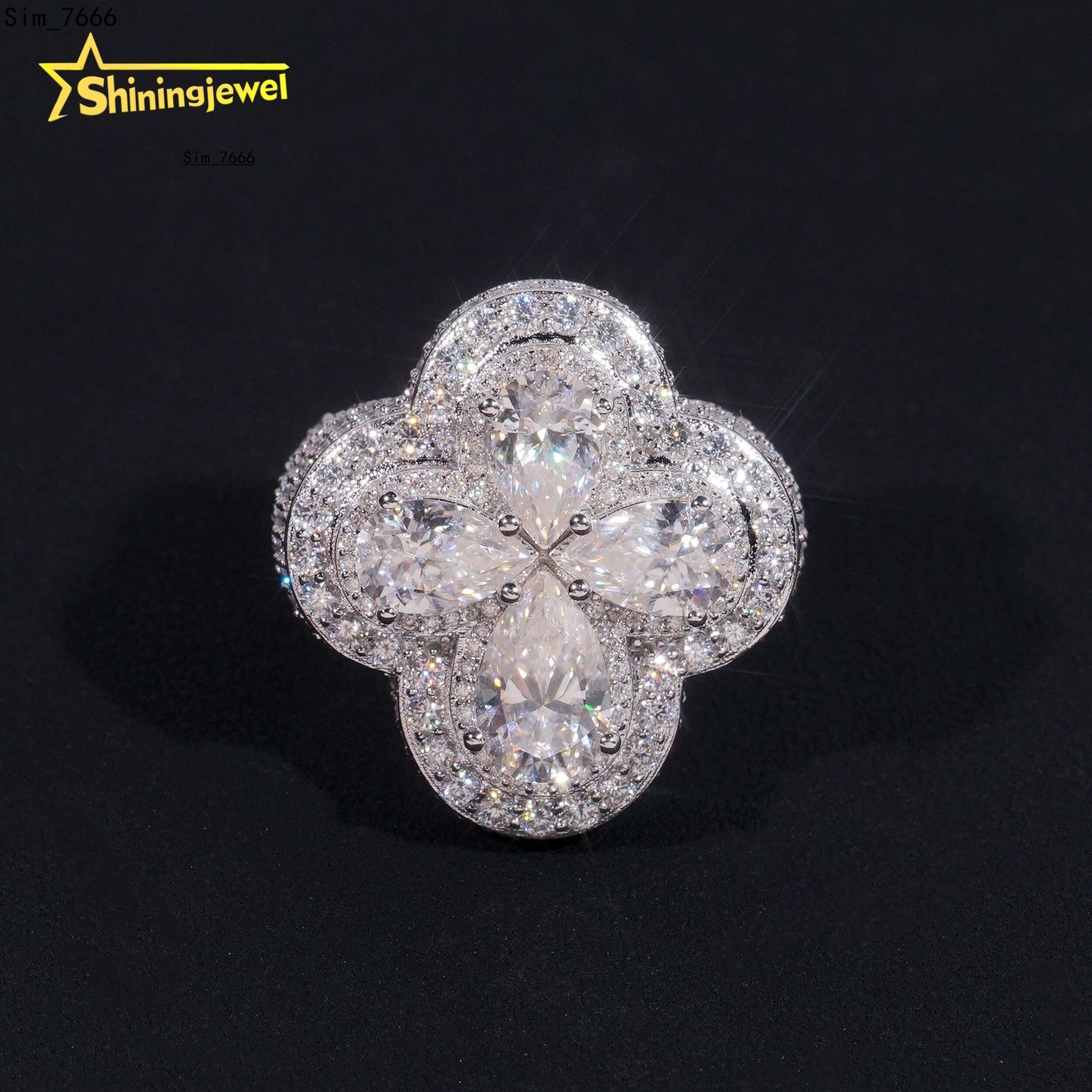 Fine Jewelry Luxury 925 Sterling Silver Iced Out Pear Cut Clover Cross Hip Hop Mens Moissanite Diamond Ring