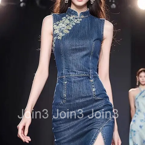 New High end Temperament New Chinese Style Denim Dress Summer Improved Qipao Vintage Sleeveless Slimming Short Dress for Women