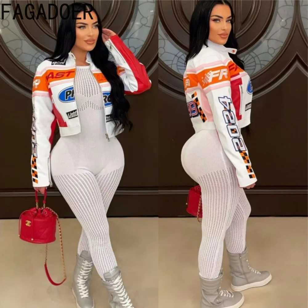 Fagadoer Autumn Winter New Fashion Crop JaCKet Women Punk GoTHic Moto Letter Zip Patchwork Coat Hot Streetwear Z250804