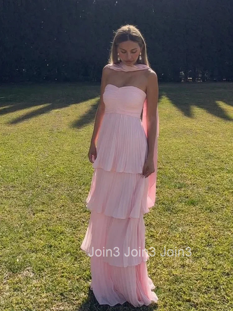 Sexy Pink Scarf Neck Off Shoulder Ruffles Long Dress Fashion Sleeveless High Waist Maxi Robe Women Party Evening Chic Gown