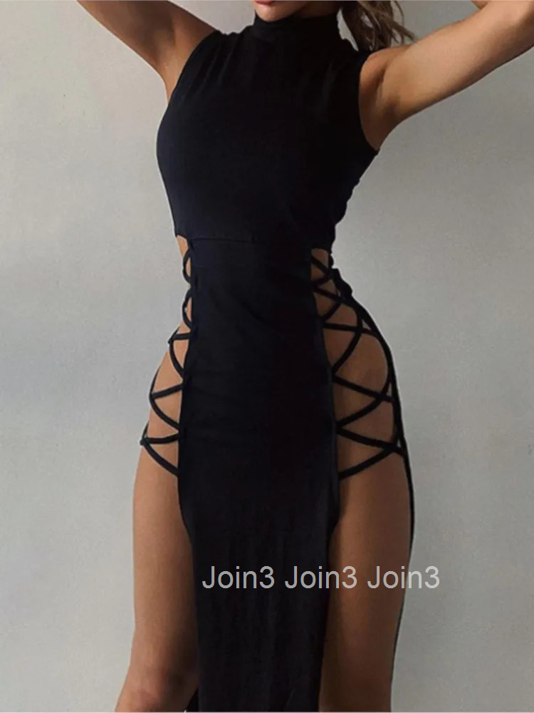 New Summer Bodycon Dress Sexy Sleeveless Halter Tie Ultra-long Semi High Neck With Thigh-high Slit Maxi Dresses