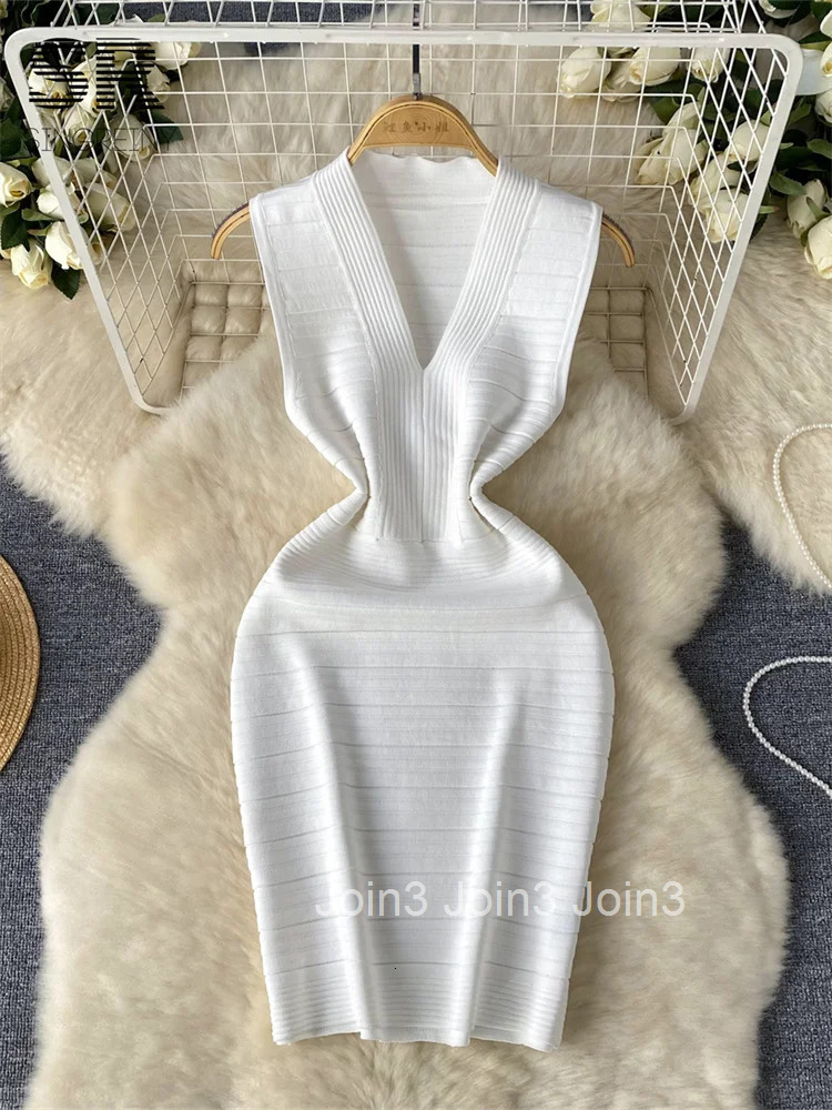 SINGREINY Bodycon Basic Knitting Dress Women Sleeveless V Neck Tank Ladies Elastic Waist Temperament Solid Streetwear Dress