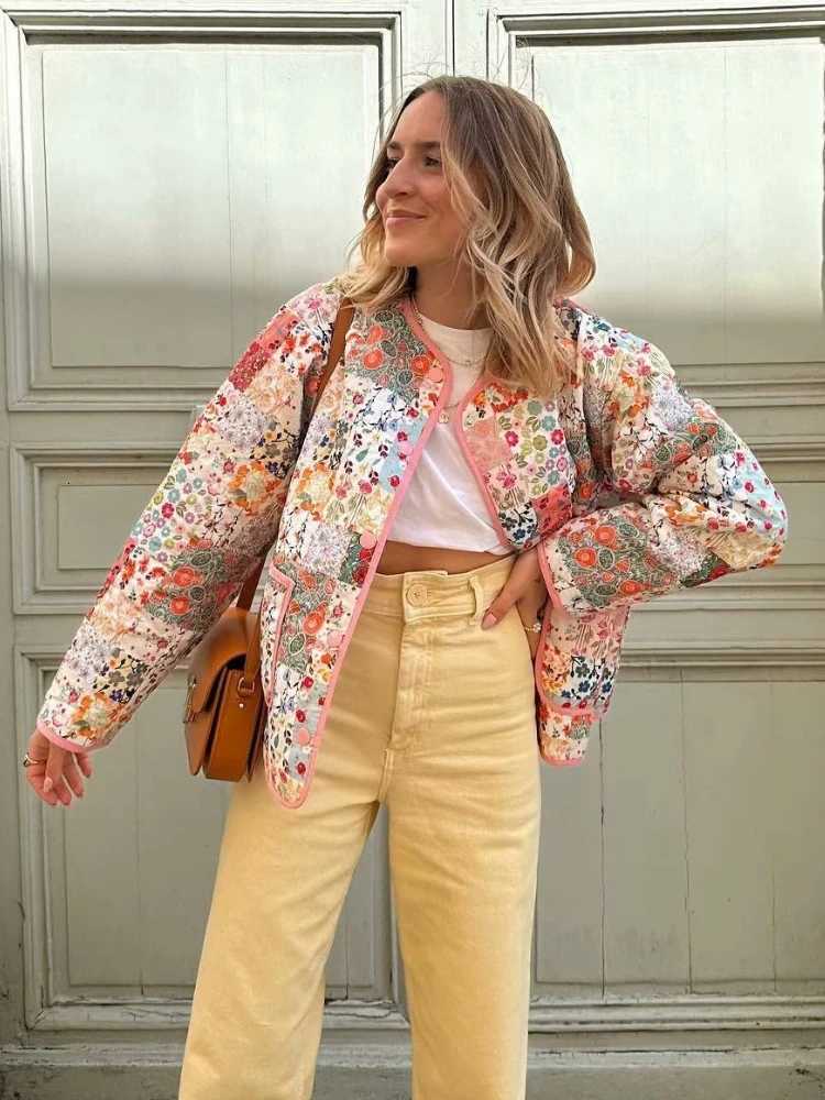 3ZBA Womens Quilted Floral Print Jacket Vintage Crew Neck Single-breasted Double Pocket Loose Outerwear Winter Female Chic Coat Z250804