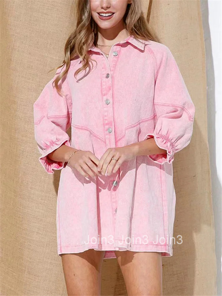 Woman Sweet Pink Loose Denim Short Dress Summer Female Solid Single Breasted Mini Dress Casual Three-quarter Sleeve Dresses