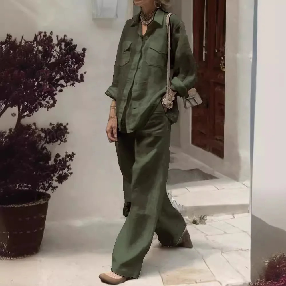 Fashion Loose Cotton Linen Trousers Green Sets Womens Spring Autumn Lapel Shirt Solid Pocket Wide Leg Pants Two Piece Sets 250728