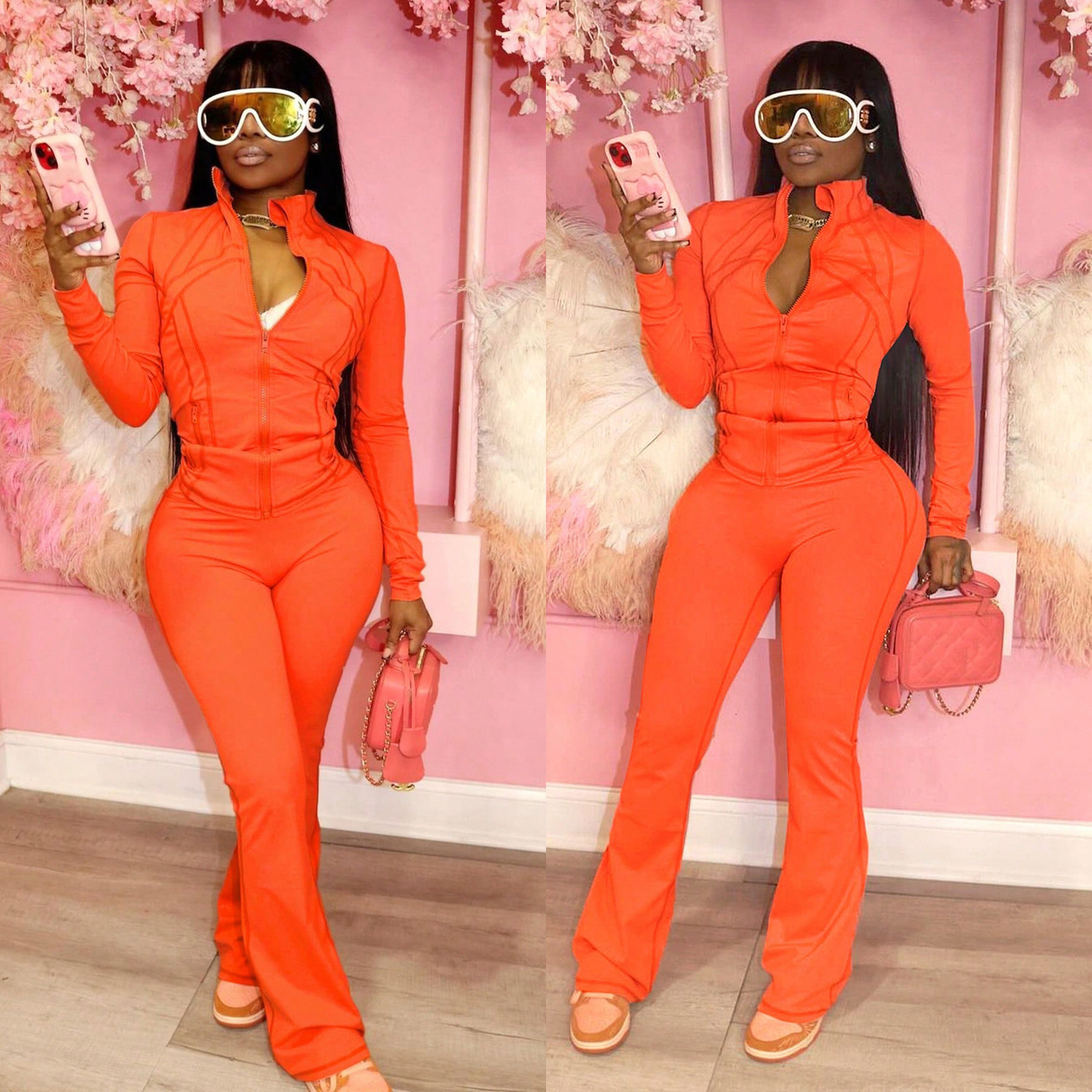 Fashion Casual Sports Suit Womens Spring and Autumn Solid Color Long Sleeve Zipper Slimming Two-Piece Set 250804