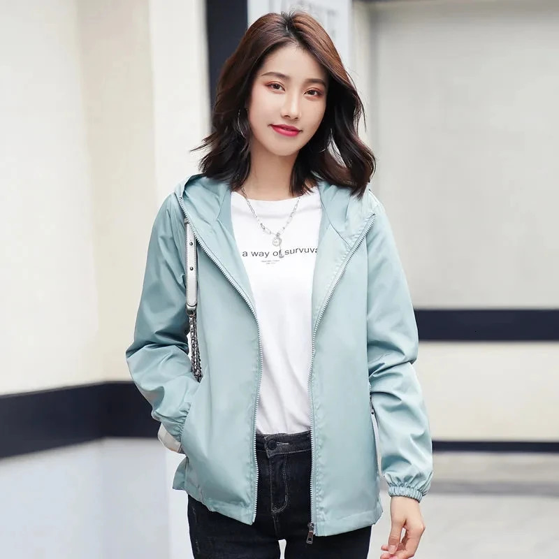 Spring Autumn Womens Jacket Fashion Solid Hooded Basic Coat Thin Windbreaker Long Sleeve Female Casual Short Coat Outwear 250804