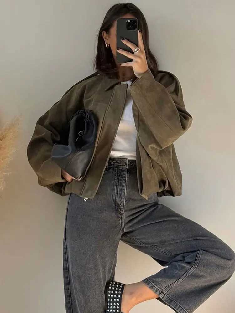 TRAFZA Women Brown Green Suede Jacket Loose Casual Bomber Coat Lapel Zipper Long Sleeve Jackets Vintage Lady Motorcycle Outerwear Z250804