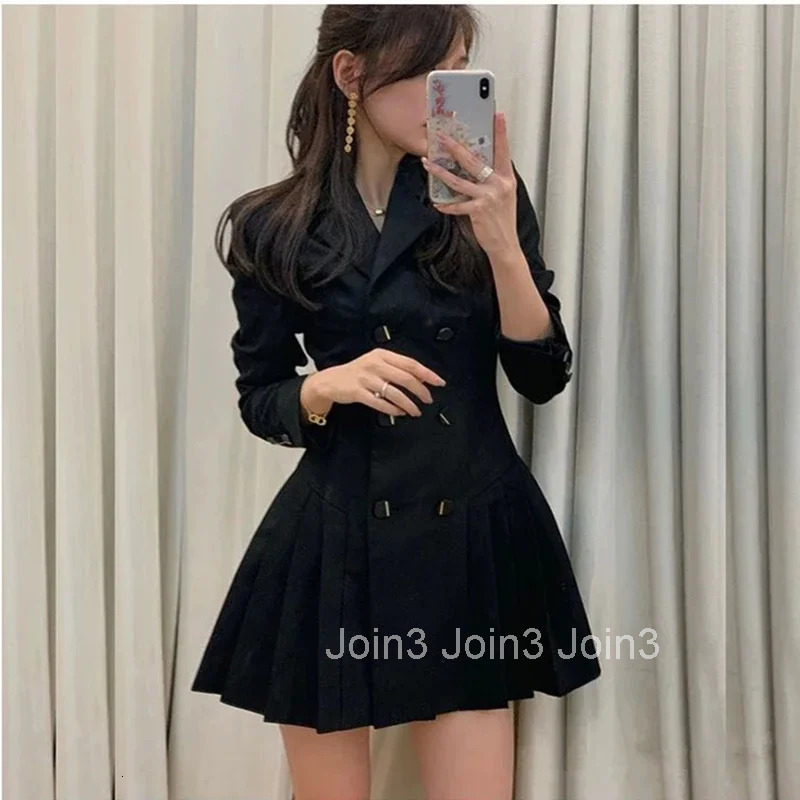 Women Spring Autumn Black Slim Blazers Mini Dress New Korean Office Lady Graceful Double Button Dresses Suit Coat Female
