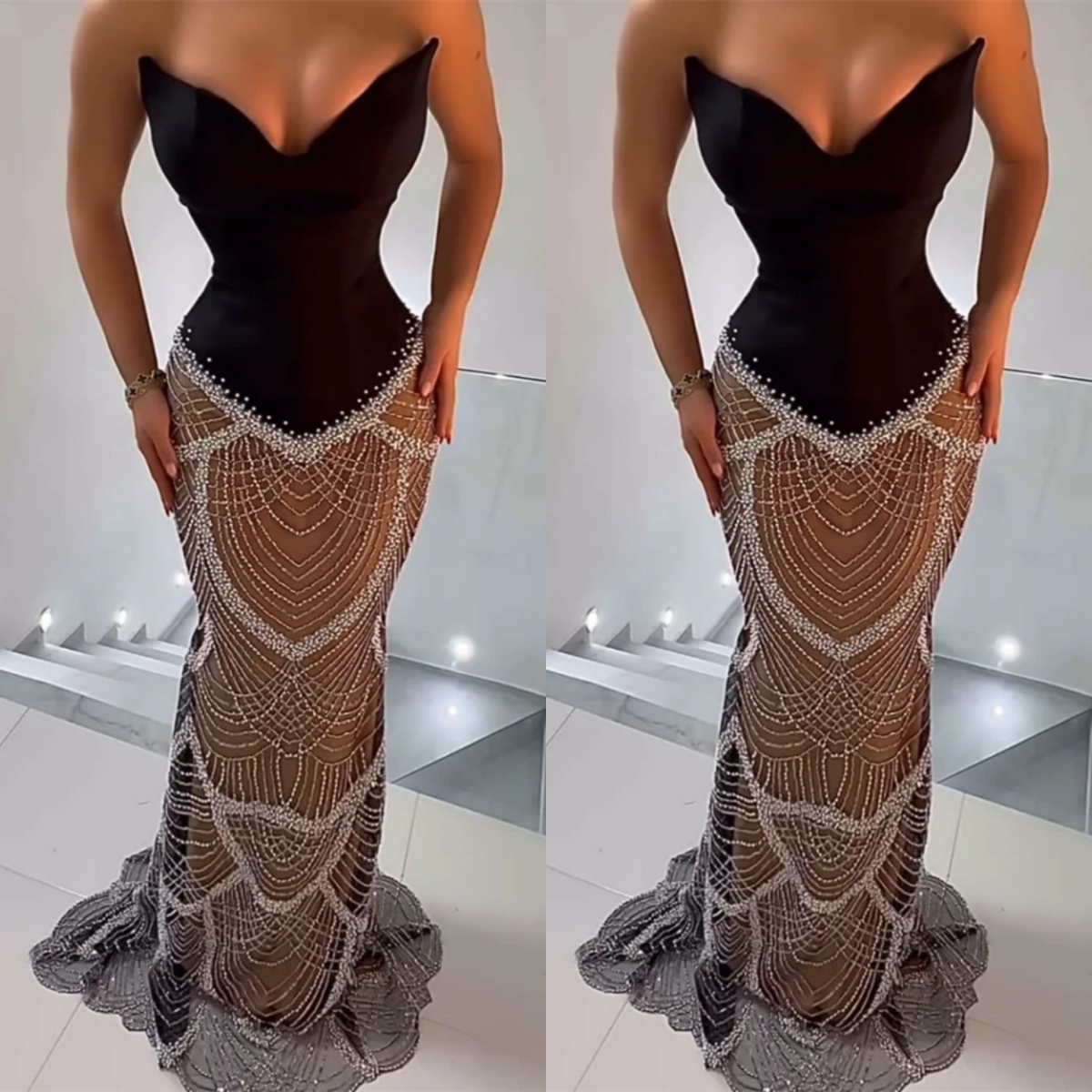 Exquisite Beading Mermaid Evening Dress Strapless Sleeveless Lace Prom Gowns Illusion Floor Length Party Dresses Customized
