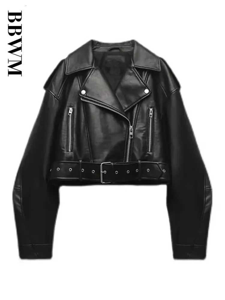TRAF Women Oversized Vintage Loose PU Faux Leather Short Jacket with Belt Streetwear Female Zipper Retro Moto Biker Coat Outerwear Z250804