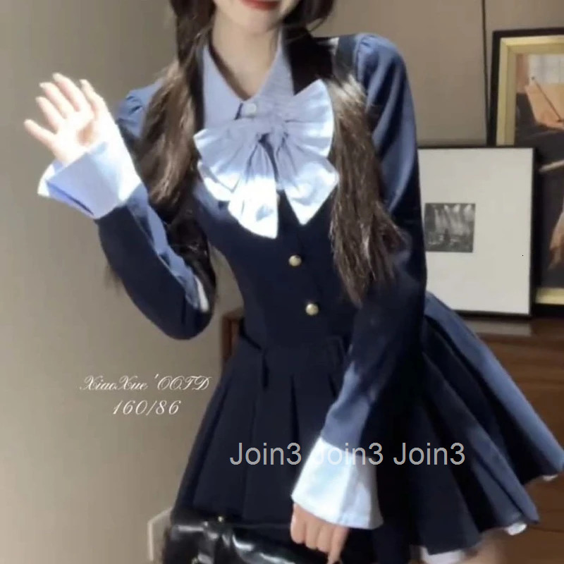 Korean College Style Fake Two-piece Bow Long-sleeved Dress for Women Autumn Waist Pleated Short Skirt
