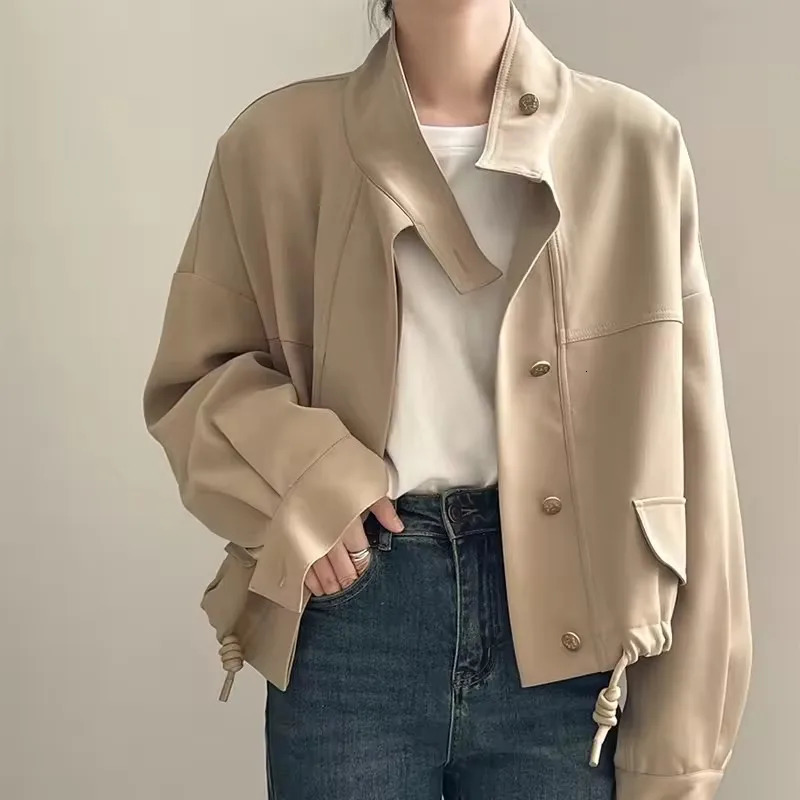 Elegant Women Short Jacket 2025 Spring Autumn Locomotive Jacket Casual Windbreaker Standing Collar Drawstring Trench Coat 250804