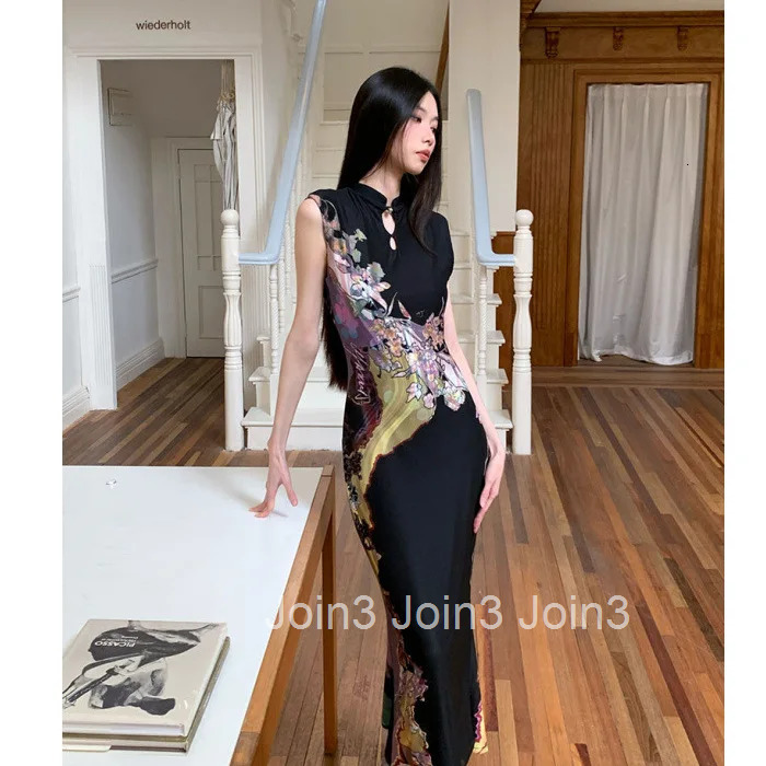 New Chinese Style Both Wear Front And Back Contrast Colorprinted Cheongsam Dresses Womens Summer slim Vest Fishtail Long Dress
