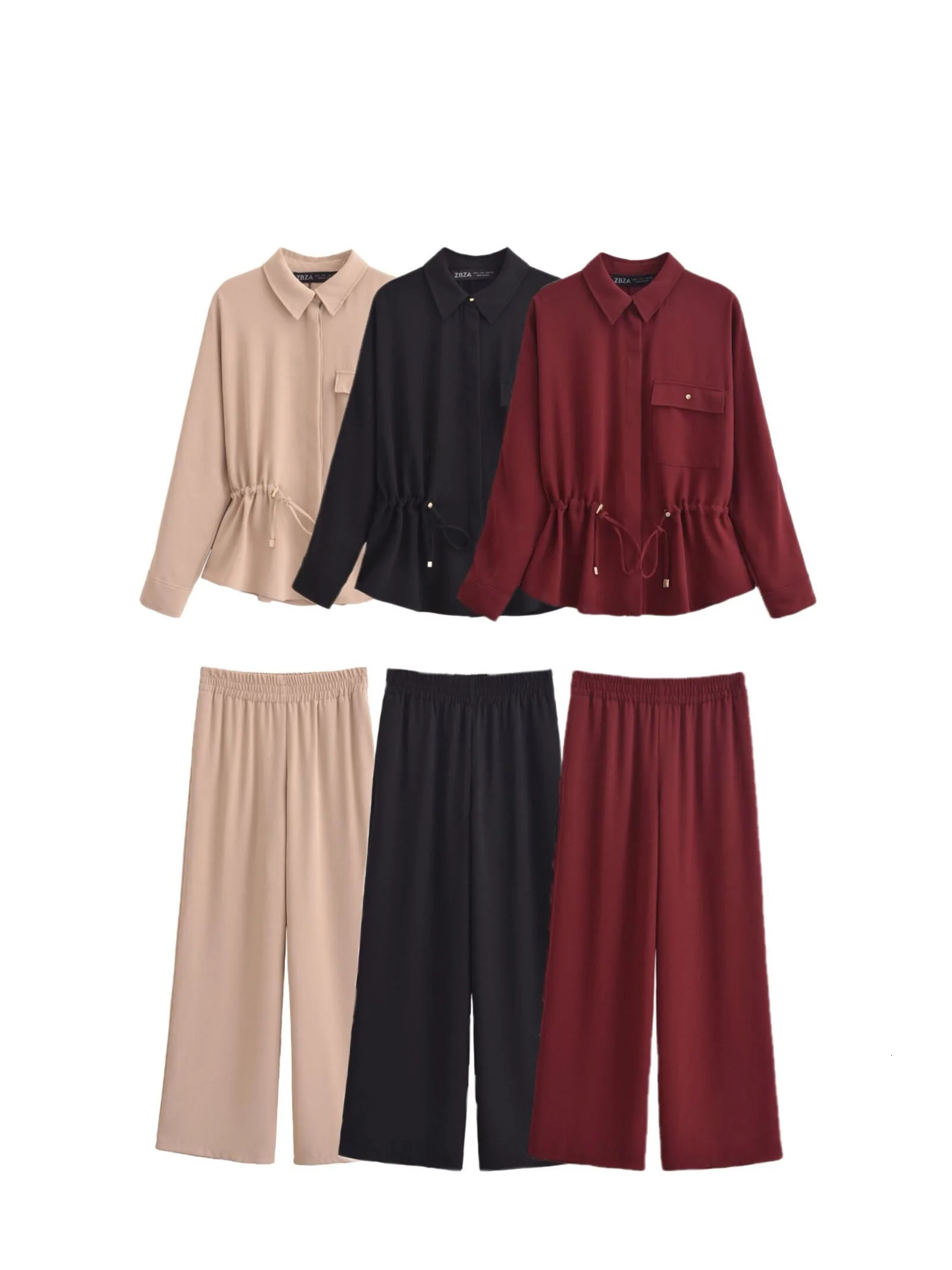 European And American Style Womens Clothing Fashion Crepe Fabric Loose Collared Long Sleeved Shirt Long Pants Set 250728