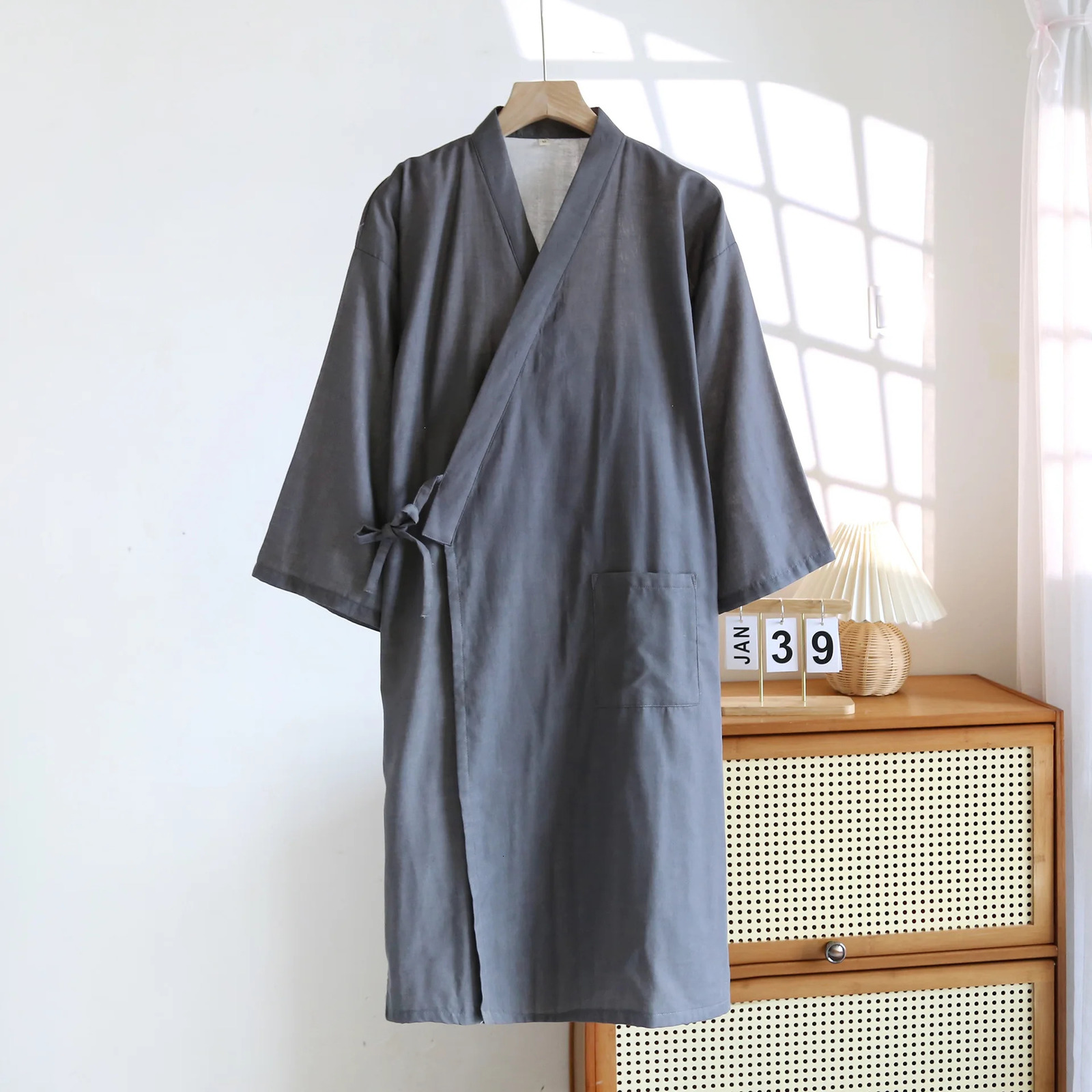 Summer Cotton Color Woven Gray Color Mens Kimono Pajamas Robes Thin Style Casual Wear Bathrobe Homewear Clothes 250801