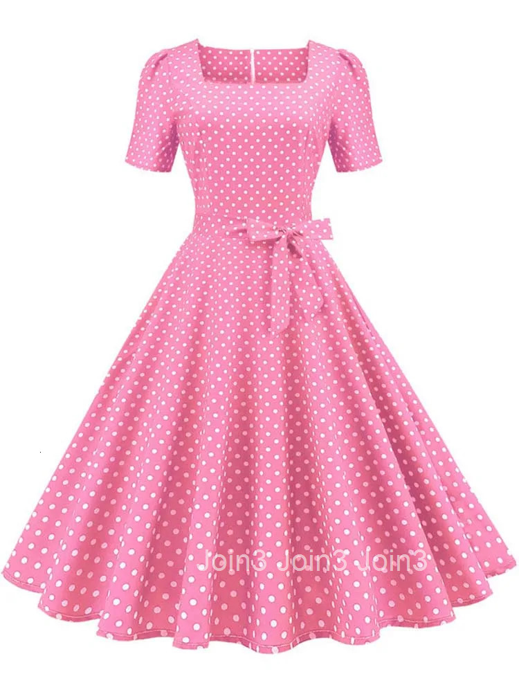 Womens Polka Dot Vintage Summer Dress Short Sleeve Casual Elegant Midi Sundress Square Collar High Waist A-Line Dress