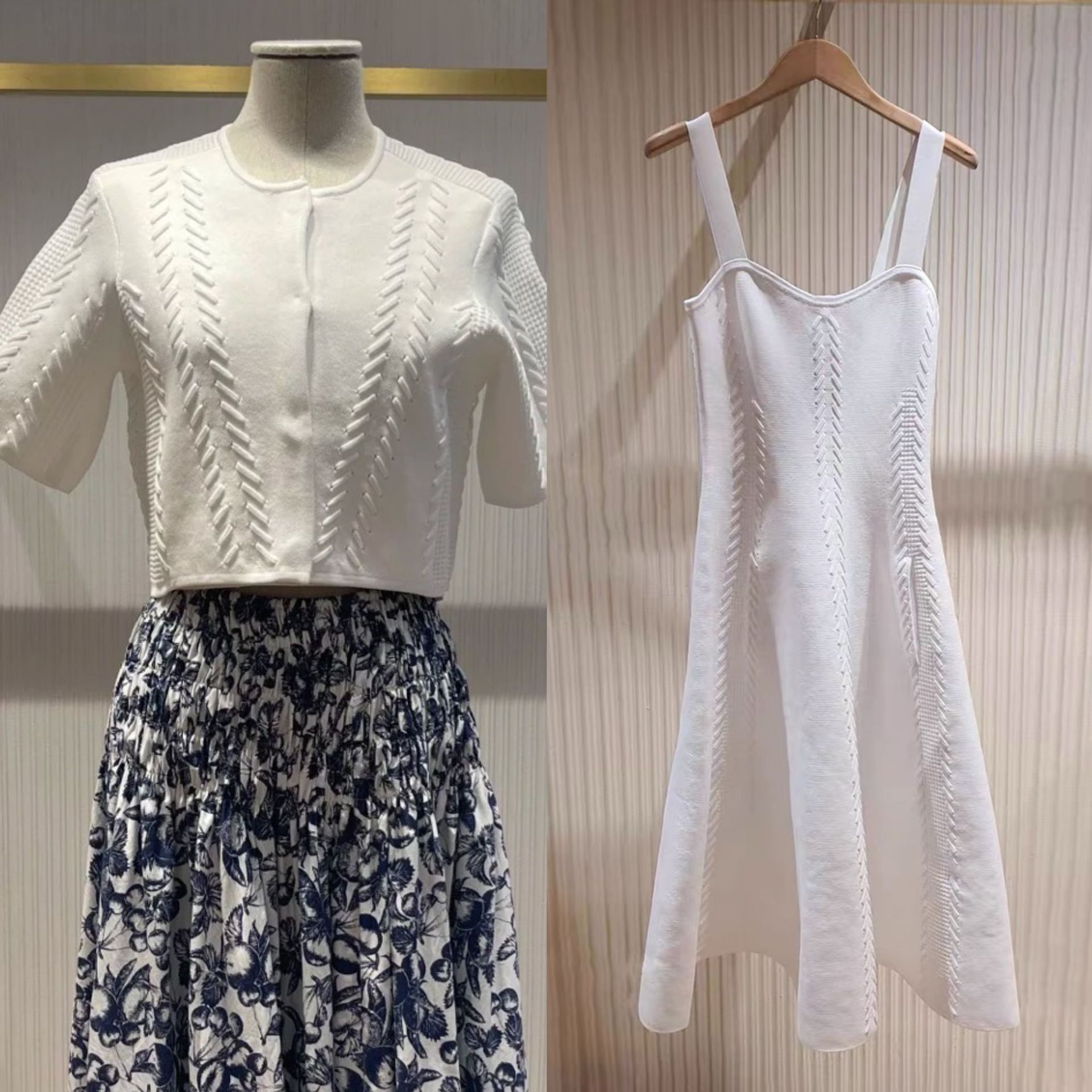 2025 New White Women Knit Suit Tie Design Hollow Out O-Neck Short Sweater or Sexy Square Collar Sling Midi Dress Set