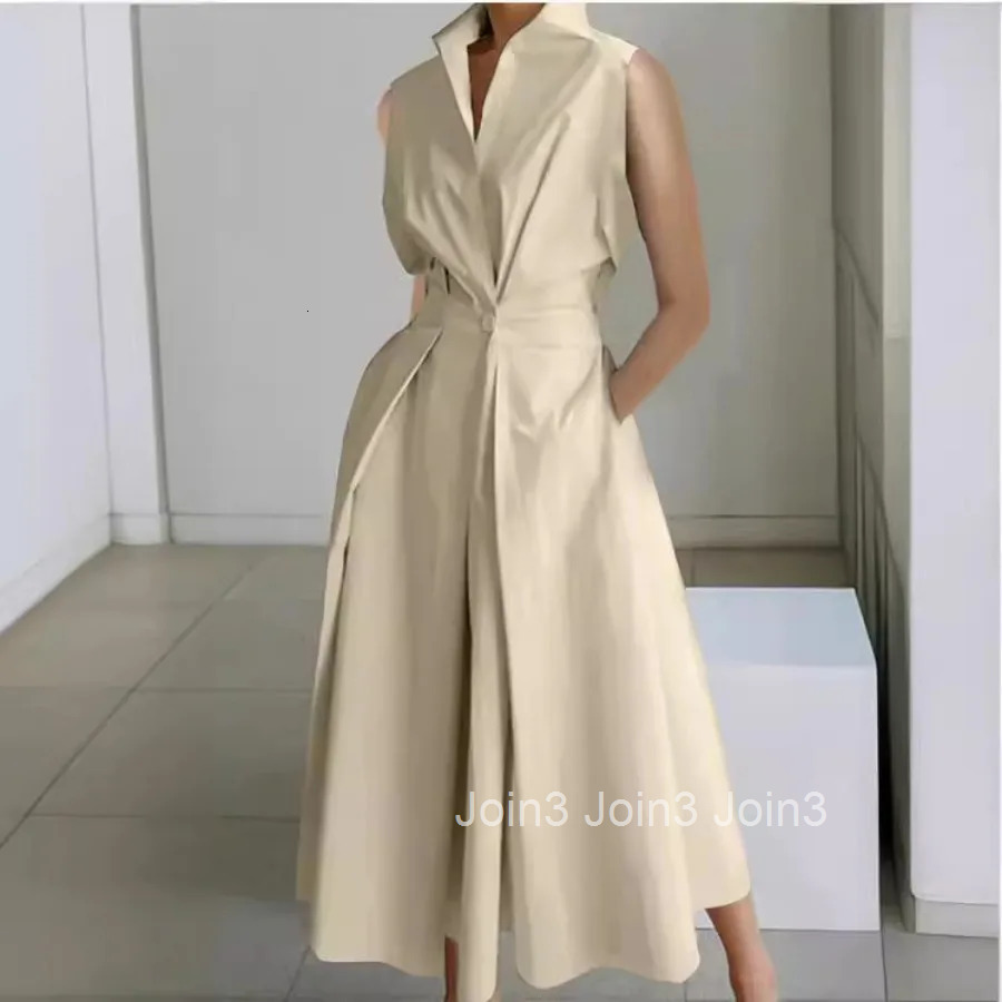 DRC Elegant Work Dresses Womens Office Wear Summer Solid V-neck Stand Up Fashion Button Dress Lady Sleeveless Pocket Vestidos