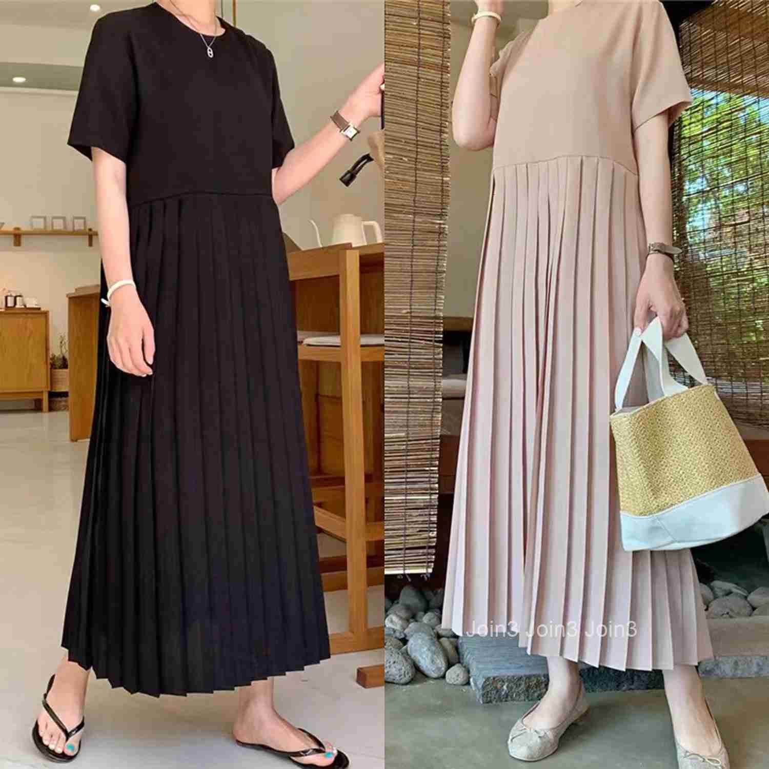 Summer Korean Sle Loose Slimming ort Sve Chiffon Pleated Long Dr Womens Casual Knee-Over Maxi Dr