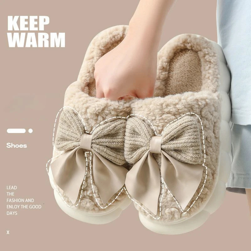 Cotton Bowknot Slippers Ladies Winter indoor Home Warm Fluffy Shoes Comfortable Slippers 3.5CM Thick Sole Antislip 250730