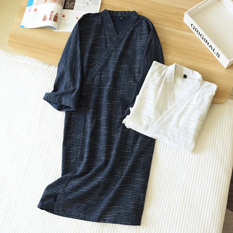 Spring And Summer Style Japanese Kimono Mens Bathrobe 100%Cotton Striped Nightgown Plus Size Yukata Home Sweat Steaming Set 250801