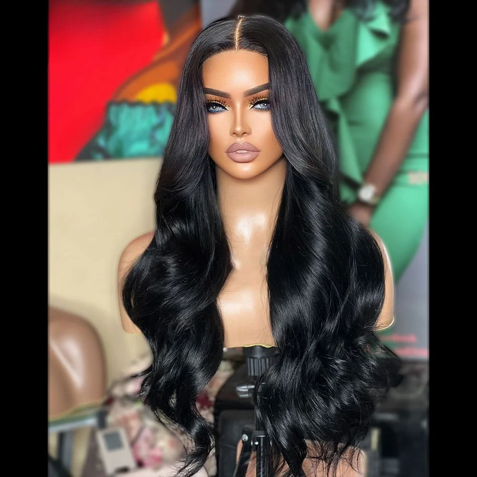 Glueless Wigs Black Wig for Women Hand-Tied Lace Synthetic Lace Front Wig Long Wavy with Natural Hairline Middle Part Synthetic wig for Daily Party