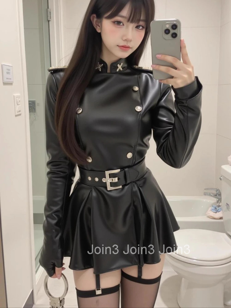 New American Retro Sexy Black PU Leather Design Woman Dress Y2k Belted Slim Fit Female Punk Gothic Style Clubwear Outfits