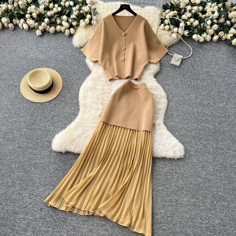 Two Piece Sets Women Skirt Matching Sets Dress Sets Knit Tops Long Skirts Pleated A Line High Waist Y2k Streetwear Elegant Work 250801