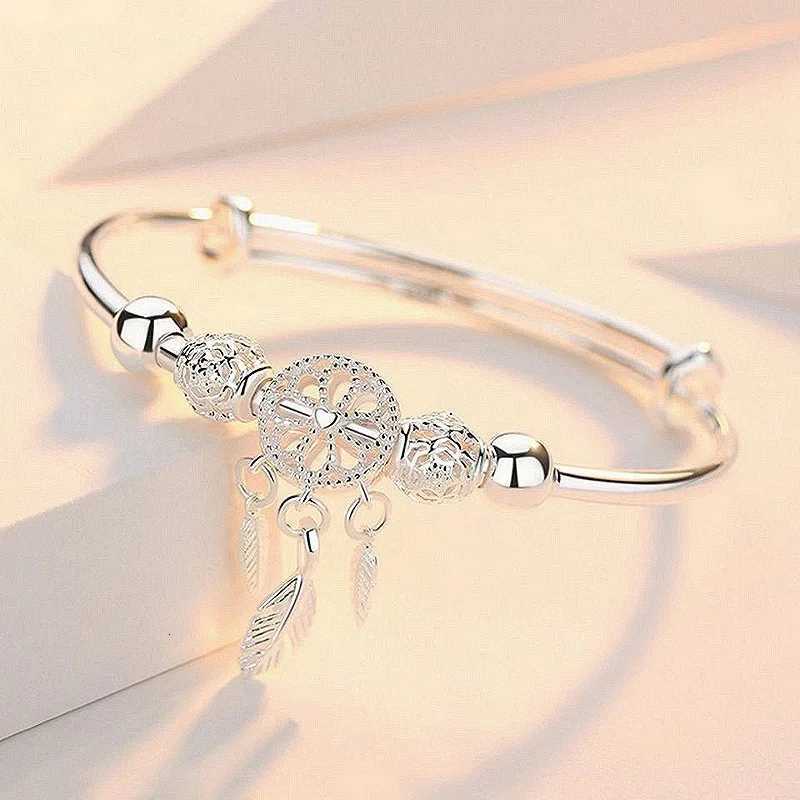 925 Sterling Silver Bracelets For Women Adjustable Bangle Dreamcatcher Tassel Feather Round Bead Charm Bracelet Wedding Jewelry XJ250804