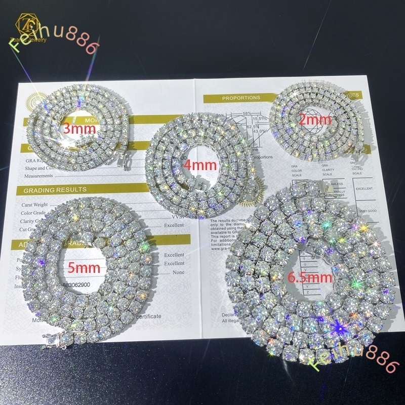 New Arrival Iced Out D Color 2MM 3MM 4MM 5MM 6MM VVS Moissanite Diamond 925 Sterling Silver Tennis Chain Necklace for Men