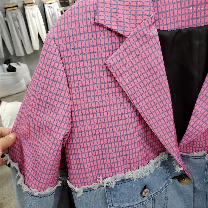 Women's Jackets Spring Autumn Vintage Plaid Splicing Pocket Denim Blazer Women Suit Collar Outwear Female Loose Mid Long Jeans Jacket Coat