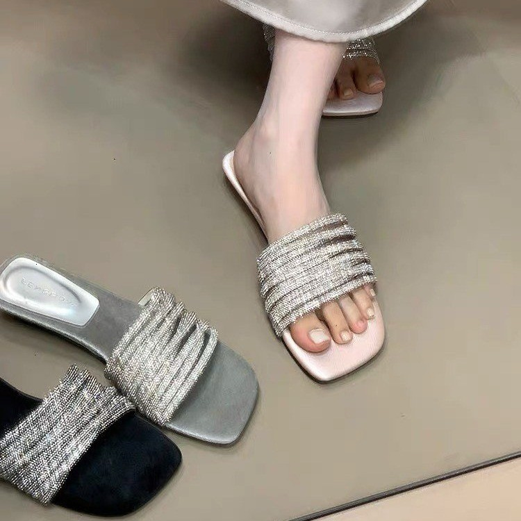 Women's Japan-Korean Style Rhinestone Sandals, Open-Toe Strappy Slip-On Slippers with Bow Detail, Flat Heel, Medium Width, PU Upper, Rubber Outsole