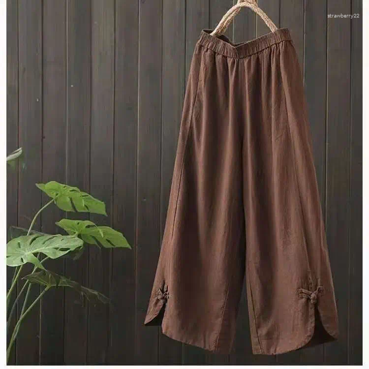 Women's Pants Cotton Linen Elastic Waist Wide Leg Women Summer High Vintage Loose Slimming Nine-Minute Ethnic Style