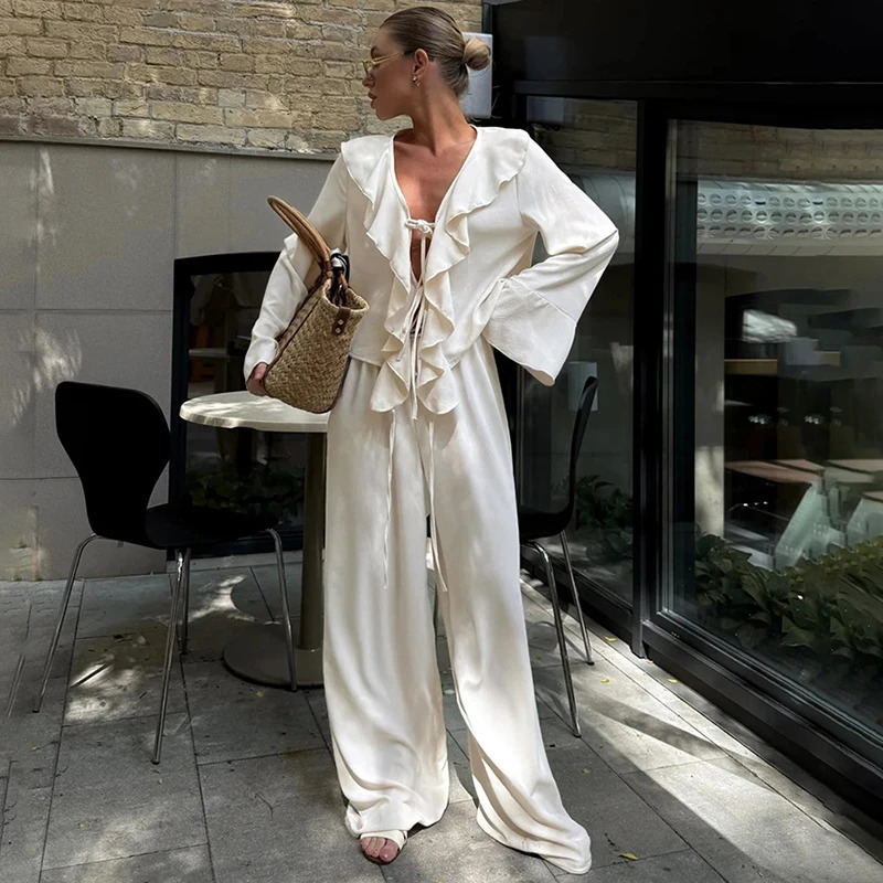 Tornova Ruffled Wide-leg Pants Two Piece Set Female V Neck Long Sleeve T shirt Lace Up High Waist Loose Woman Casual Suit Solid 250728