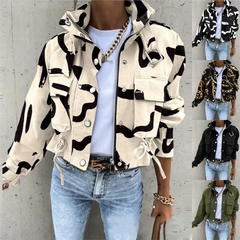 Womens Short Print Trench Jacket Coat With Zipper Stand Collar Loose Windbreaker Casual Clothes Fashion Fall Winter Women Coat 250804