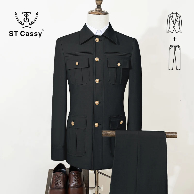 ST Cassy High Quality Elegant Mens suit Classic Fit Multi Buckle Multi Pocket Solid Color Casual Business Set Mens 2-piece Set 250801