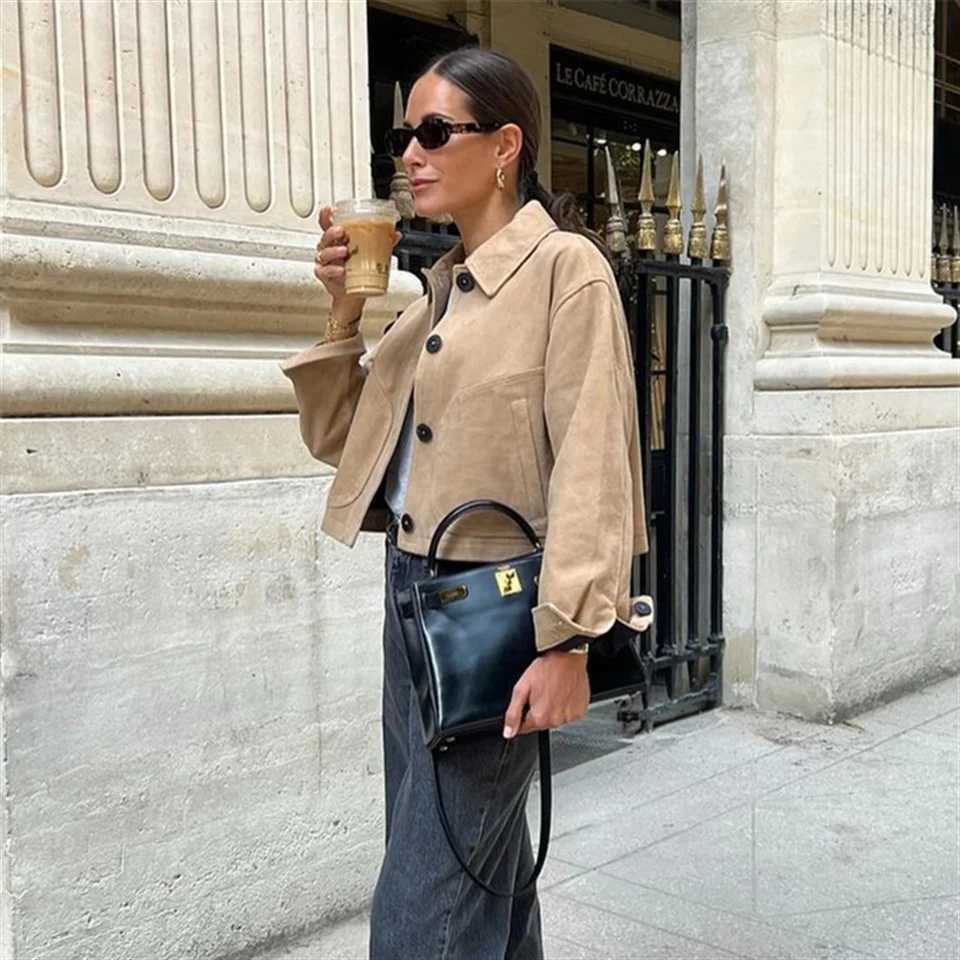2024 Autumn New Womens Fashion Slim Fit and Casual Simple Deer Skin Velvet Stand Collar Short Jacket Z250804