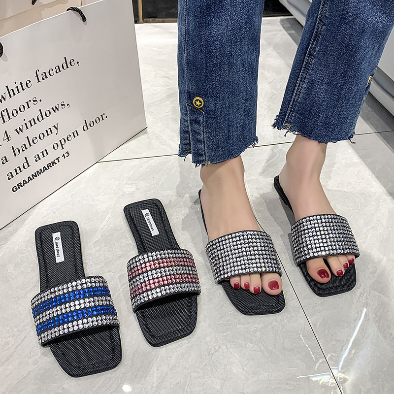 Women's Japan-Korean Style Patent Leather-Style Open-Toe Rhinestone Flat Mule Sandals, Summer Slip-On Slippers with Beaded Detail, Rubber Outsole, M