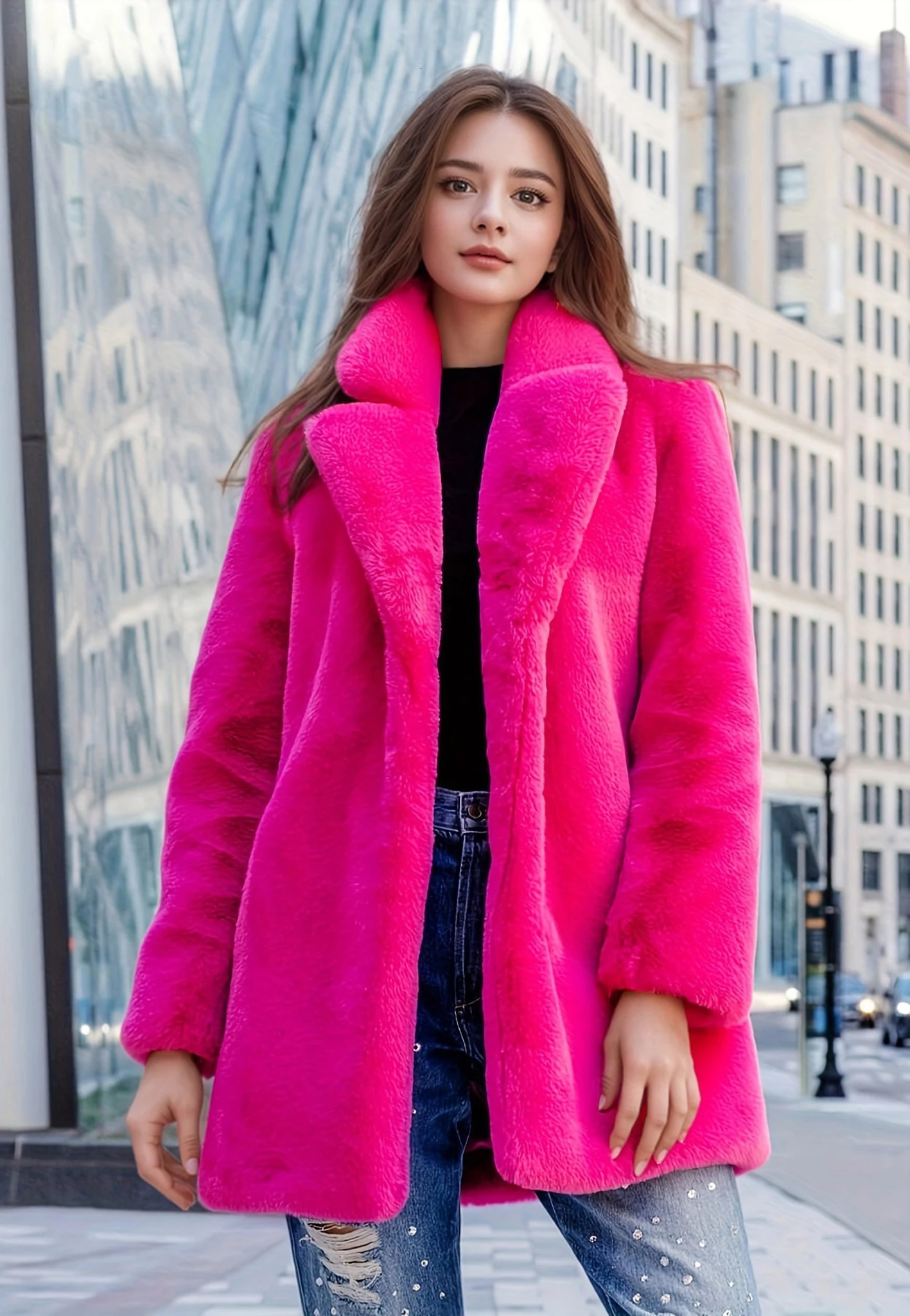Elegant Directional Faux Rex Rabbit Fur Coat for Women - Mid-Length Solid Color Coat Fall Winter Casual Outerwear 250708